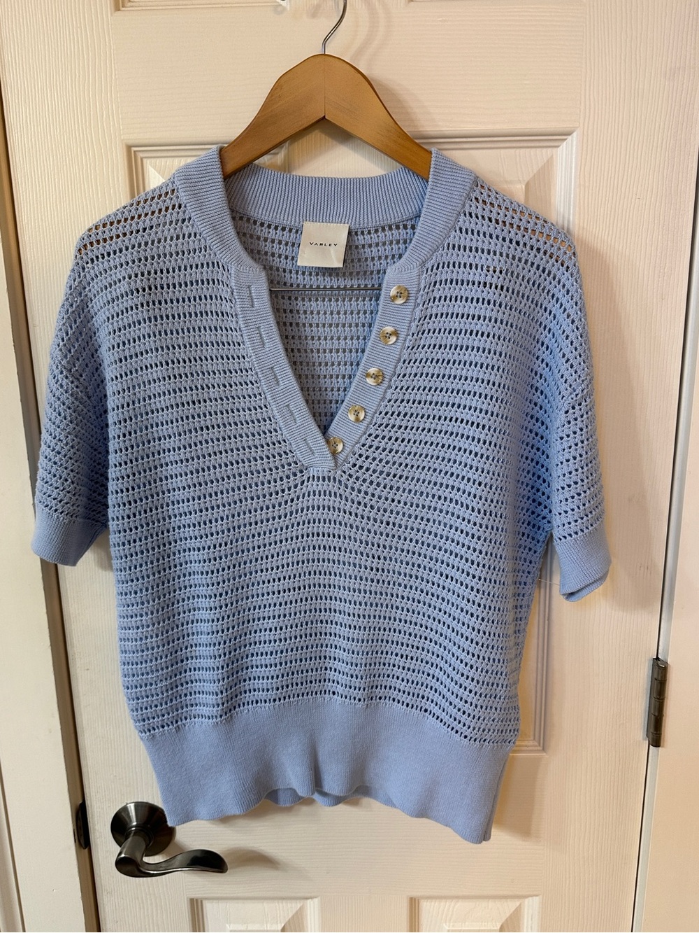 Varley Sky Blue Open-Knit Callie V-Neck Sweater with Button Placket XS